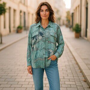 APART Blue Print Silky Long Sleeve Tunic Blouse Ladies Large